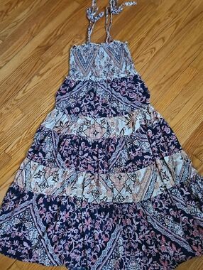 Boho Tiered Maxi Dress with Navy and Pink Floral Print